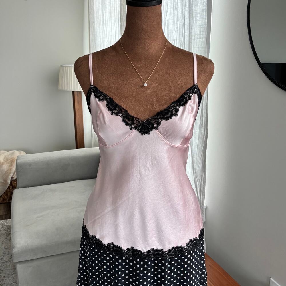 2000s Vintage Felina Babydoll Pink Silk Top Slip Black Lace Trim Fairy 90s Large